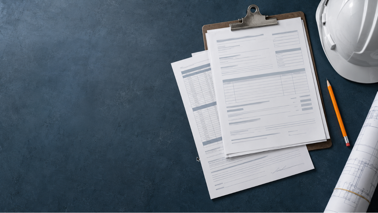 Billing documents and a pay application on a clipboard on a steel-blue work surface, beside a hard hat and rolled blueprints
